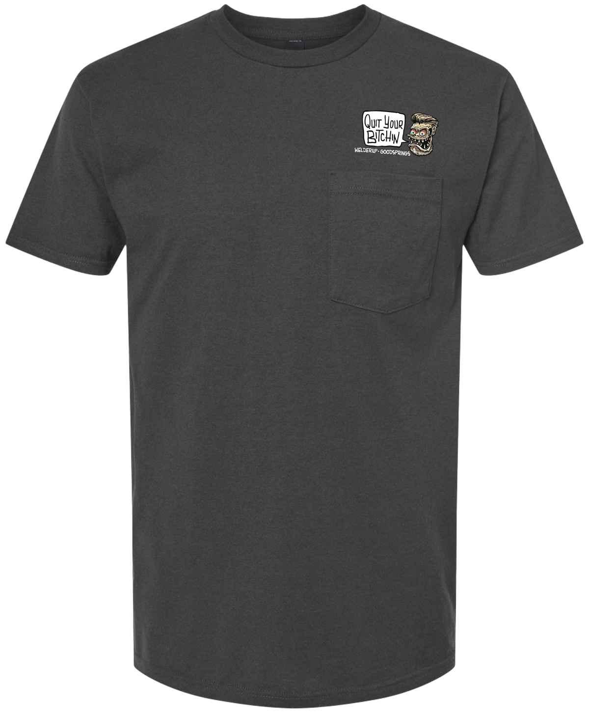 Welder Up "Quit Your Bitchin" Cartoon Pocket T-Shirt in Charcoal