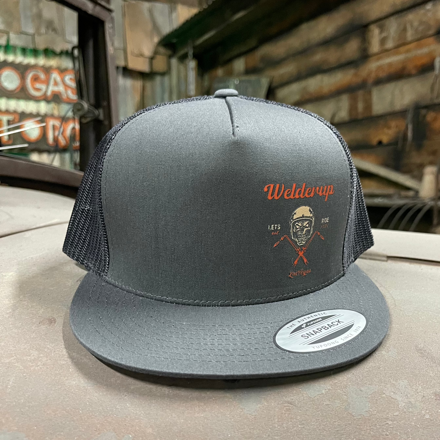 Welder Up Let's Ride Flat Bill Charcoal Trucker Hat