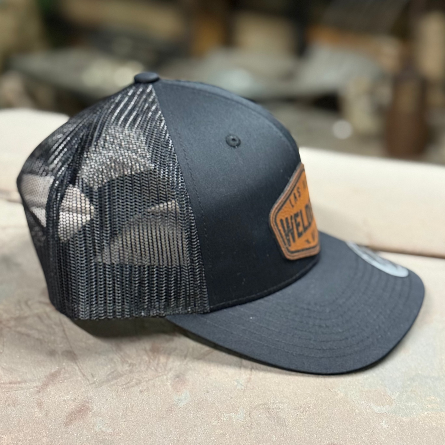 Welder Up Brown Leather Patch Curve Bill Black Hat