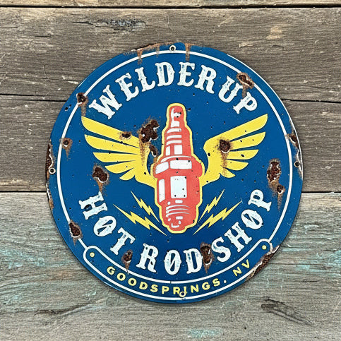 Welder Up Round Spark Plug Metal Sign 12" X 12"