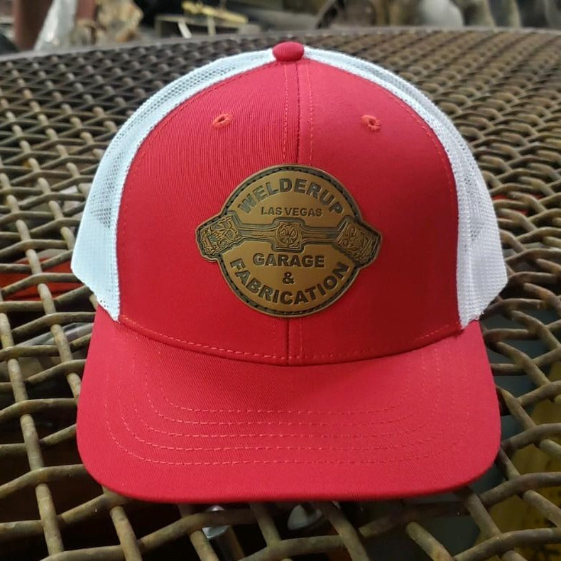 Welder Up Leather Piston Patch on Red/White Adjustable Hat