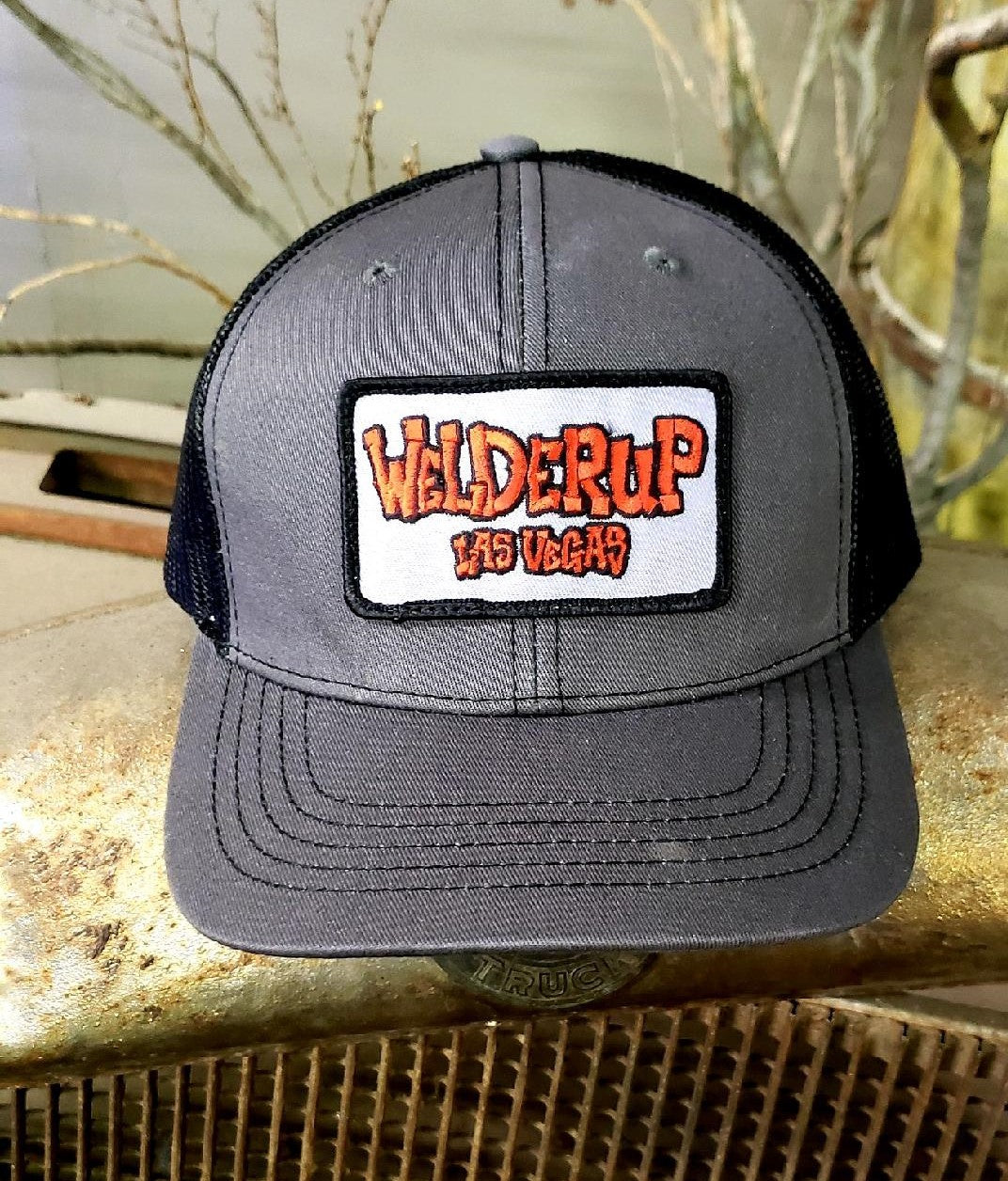 Welder Up Adjustable Patch Hat in Gray with Black Mesh Back
