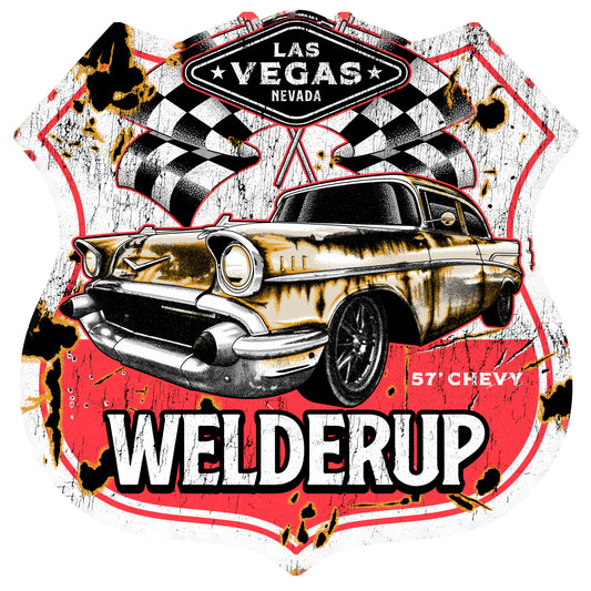 WelderUp 1957 Chevy Route 66 Metal Sign measures 8 1/2" X 8 1/2"