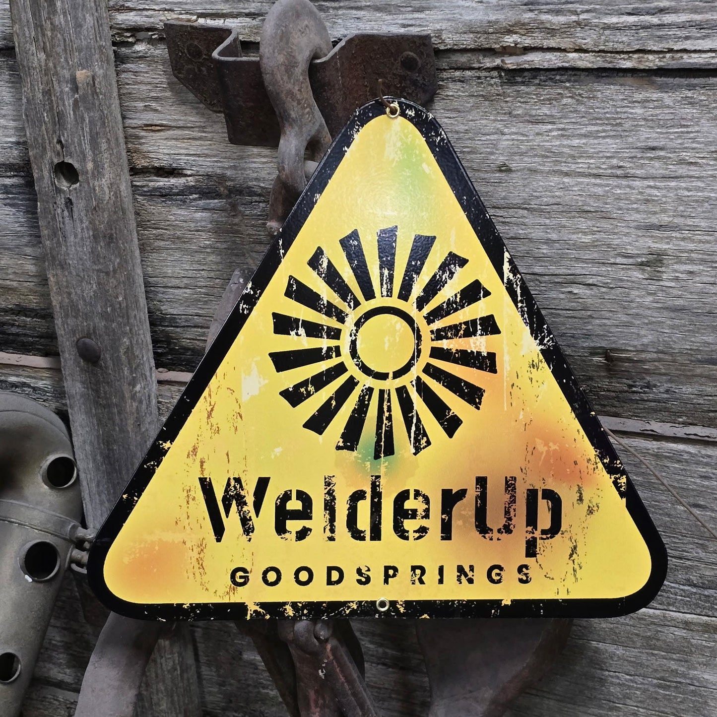 Welder Up Yellow Windmill Metal Sign