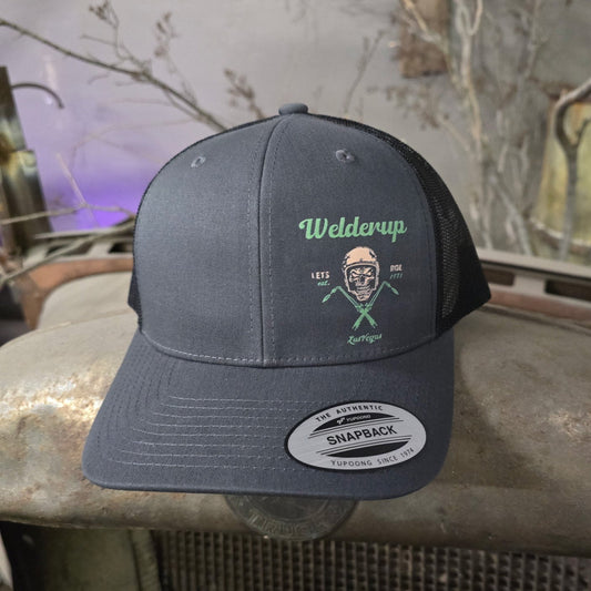 Welder Up Let's Ride Curve Bill Green Print on Charcoal/Black Trucker Hat