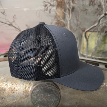 Welder Up Let's Ride Curve Bill Green Print on Charcoal/Black Trucker Hat