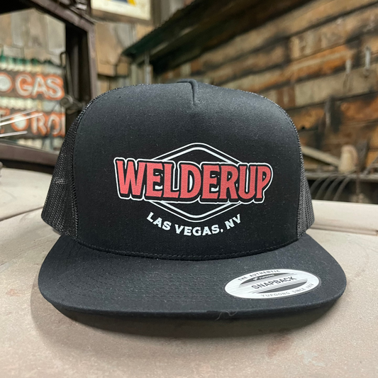 Welder Up Red Logo Flat Bill Trucker Hat