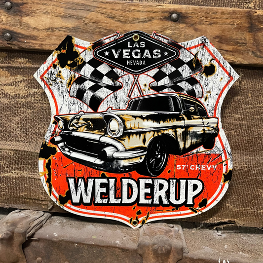 WelderUp 1957 Chevy Route 66 Metal Sign measures 8 1/2" X 8 1/2"