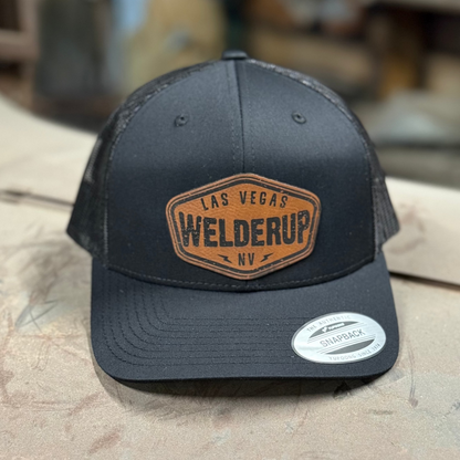 Welder Up Brown Leather Patch Curve Bill Black Hat