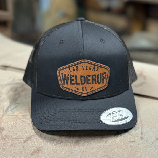 Welder Up Brown Leather Patch Curve Bill Black Hat