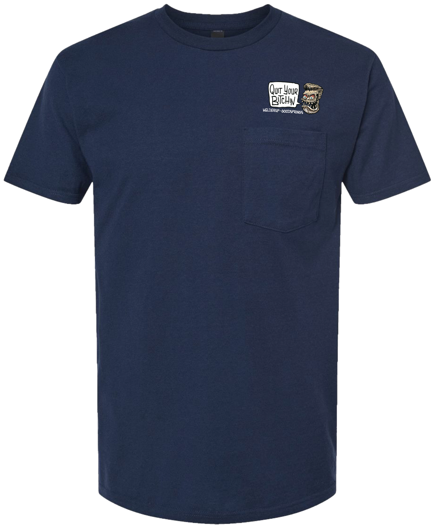 Welder Up "Quit Your Bitchin" Cartoon Pocket T-Shirt in Navy