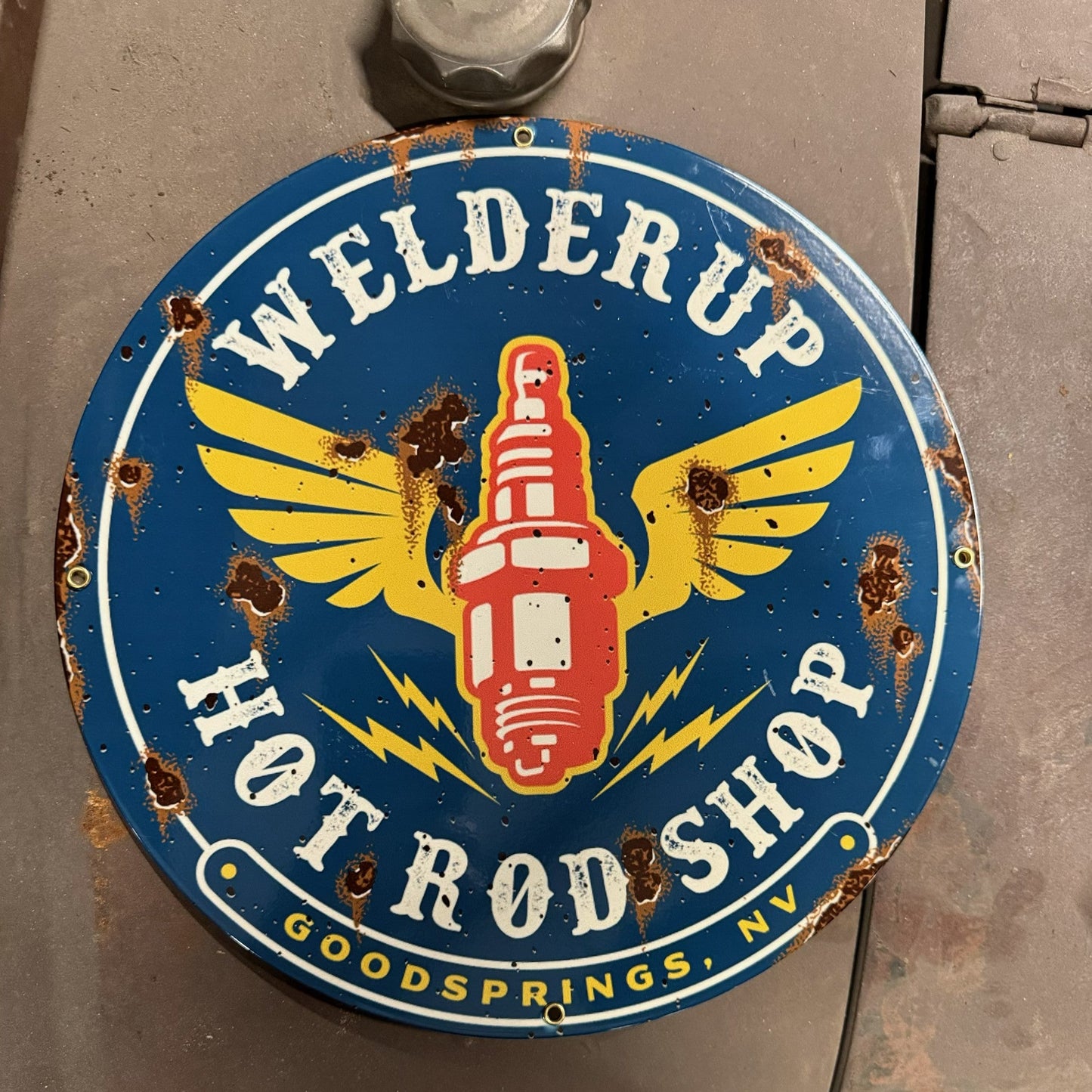 Welder Up Round Spark Plug Metal Sign 12" X 12"