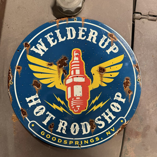 Welder Up Round Spark Plug Metal Sign 12" X 12"