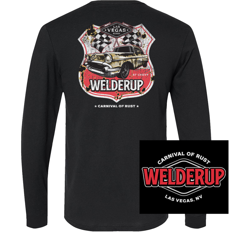 Welder Up 1957 Chevy Route 66 Long Sleeve Black T-Shirt