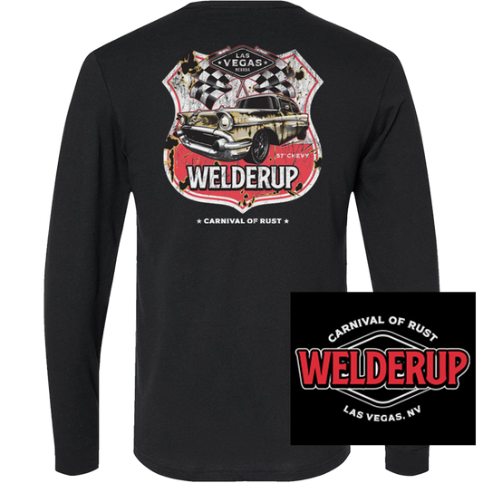 Welder Up 1957 Chevy Route 66 Long Sleeve Black T-Shirt