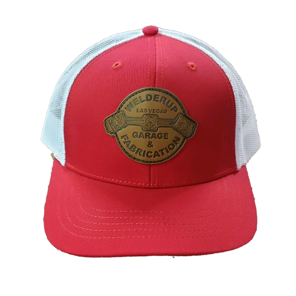 Welder Up Leather Piston Patch on Red/White Adjustable Hat