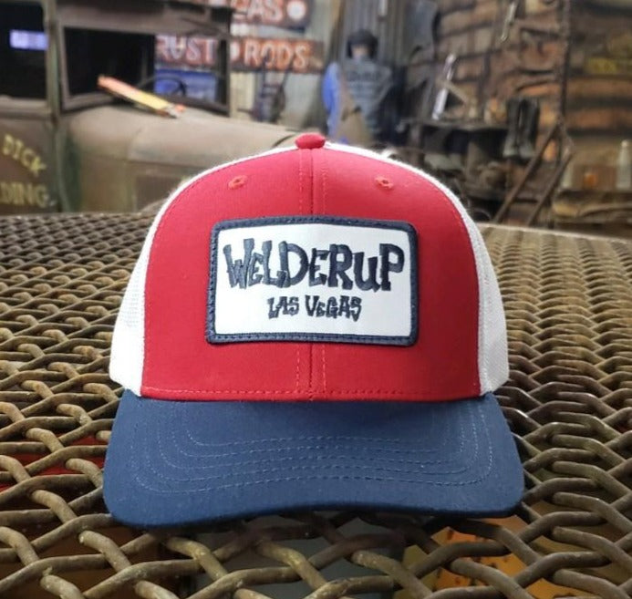 Welder Up Logo Embroidered Patch on Red/White/Blue Adjustable Hat